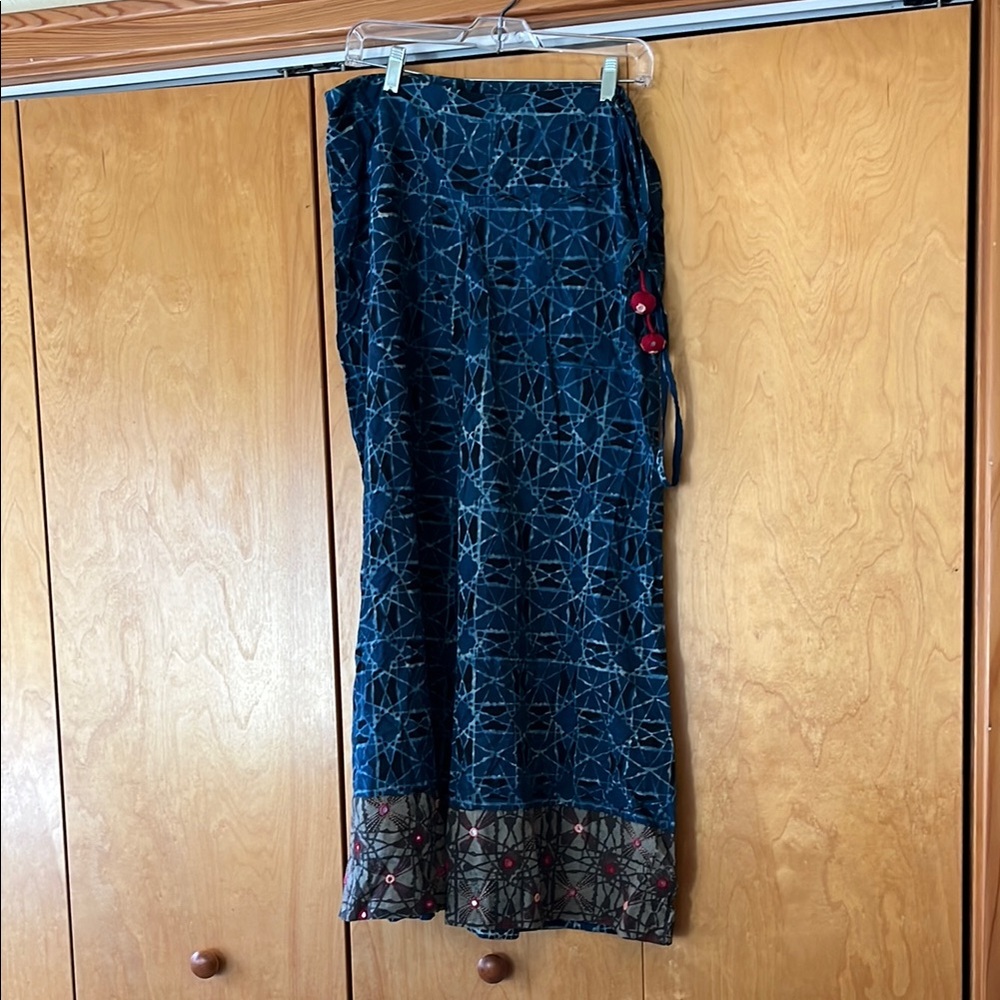Bohemian Blue Wide Leg Pants with Embroidered Hem